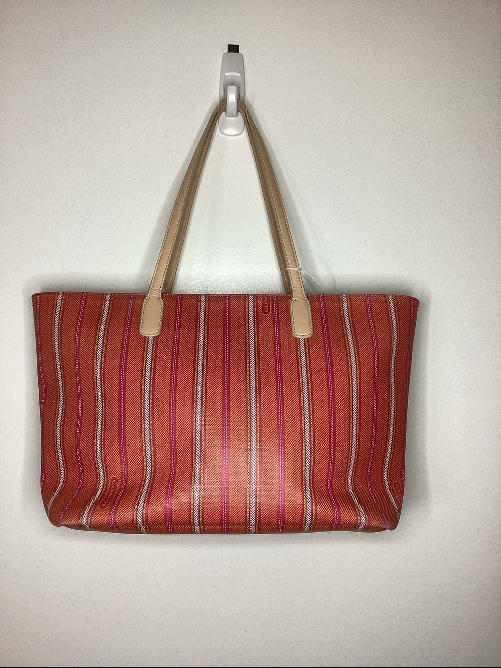 COACH #175 Tan/Dk.Coral striped tote. Preloved item sold as is